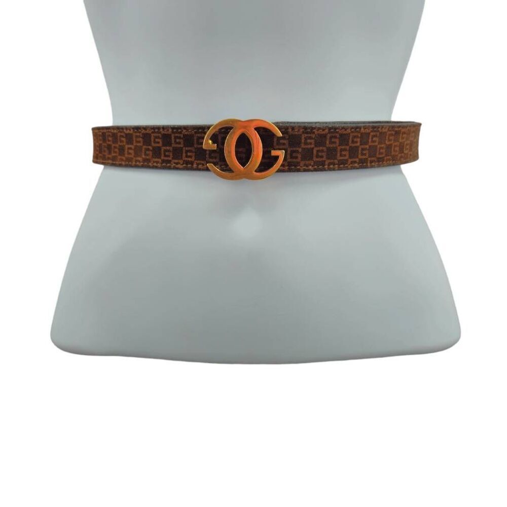 Rare Vintage Gucci Skinny Brown G Monogram Suede Belt with 24KT Gold-Plated Buck